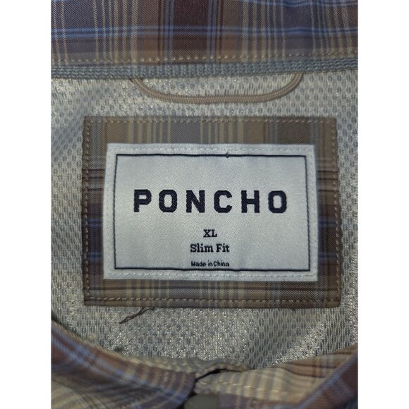 Poncho Mens Western Plaid Pearl Snap Shirt XL Slim Fit Brown/Blue Long Sleeve - Picture 5 of 7